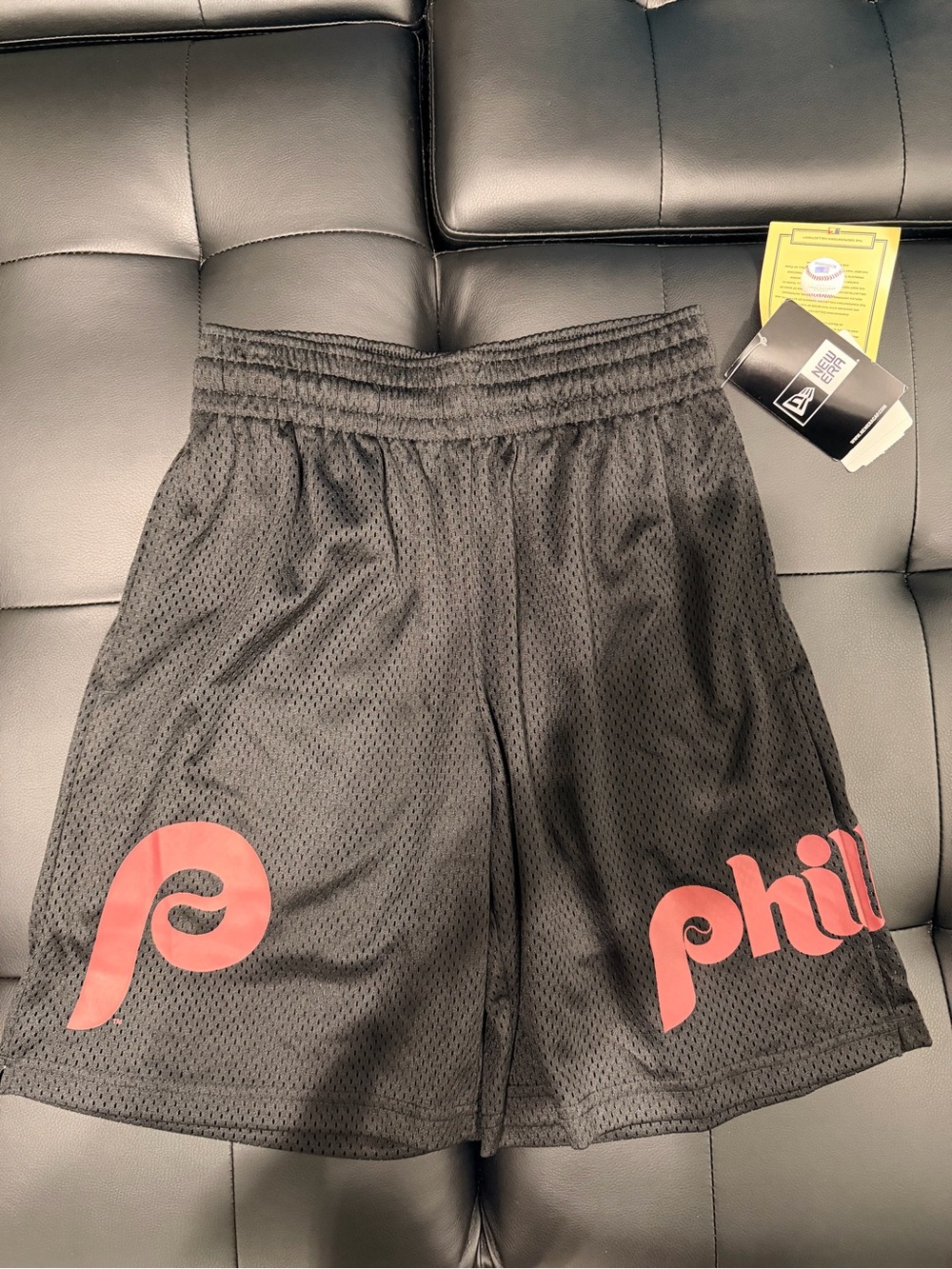 New Era Black Mesh Athletic Shorts with Red 'phil' Graphics